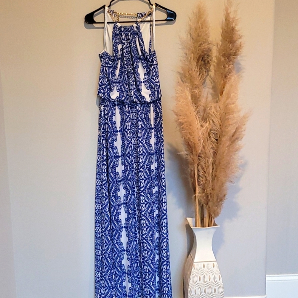 Bisou Bisou white and royal blue halter maxi dress with gold chain detail